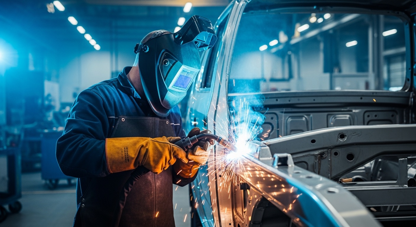 Polski spawacz MIG/MAG przy konstrukcji aluminiowej w niemieckiej fabryce