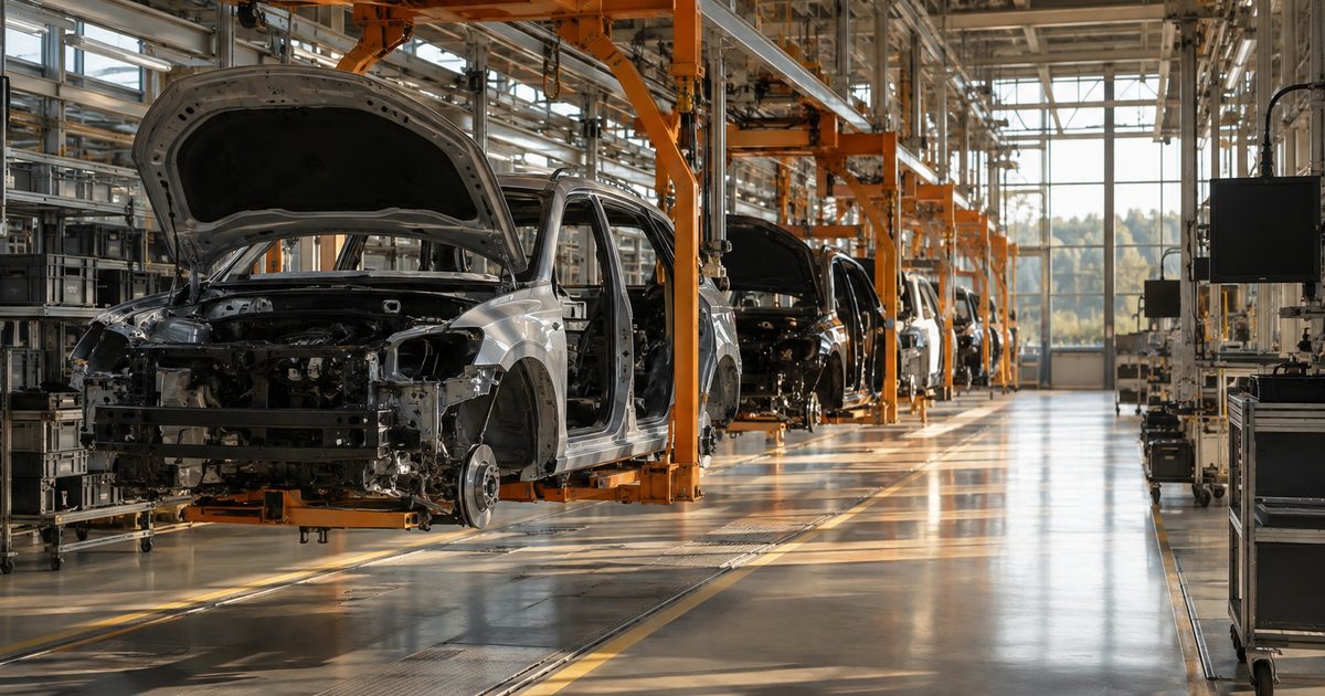Cicha linia produkcyjna w fabryce samochodów z nieczynnymi stanowiskami
