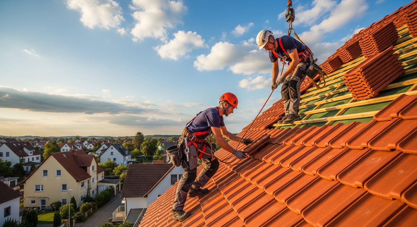 Polnische Dachdecker auf einem deutschen Wohndach mit Tonziegeln