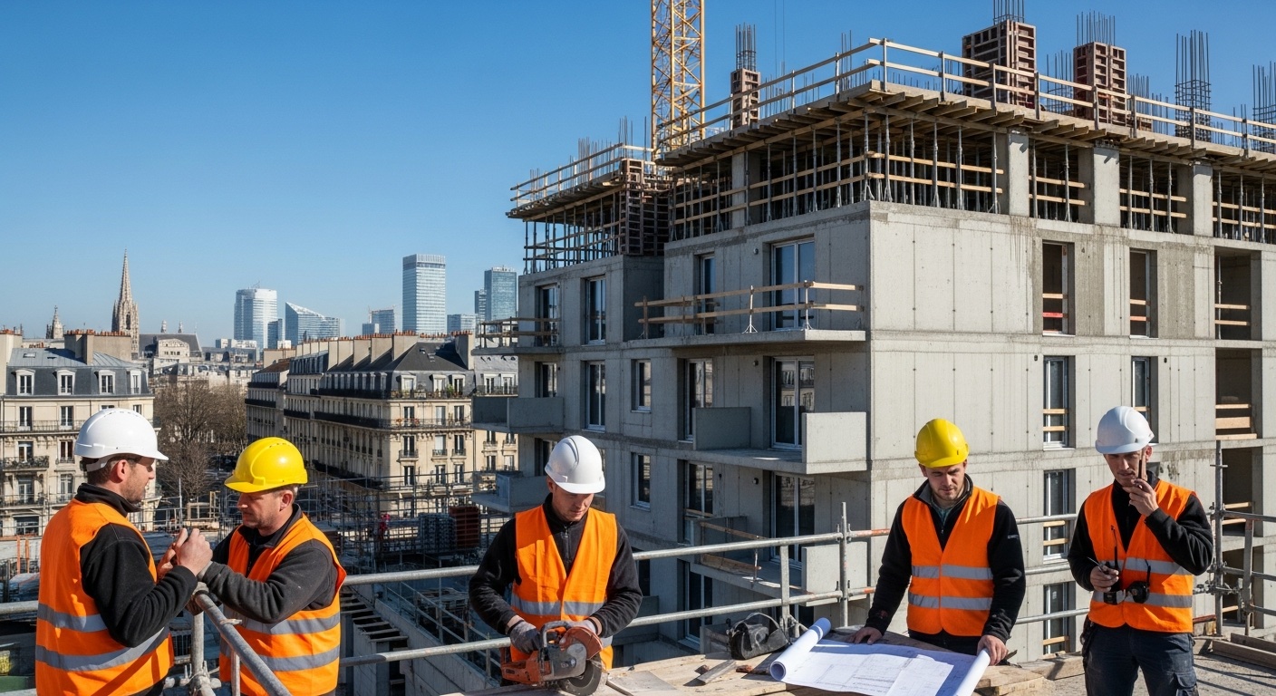 Ouvriers polonais qualifiés sur un chantier de construction en France