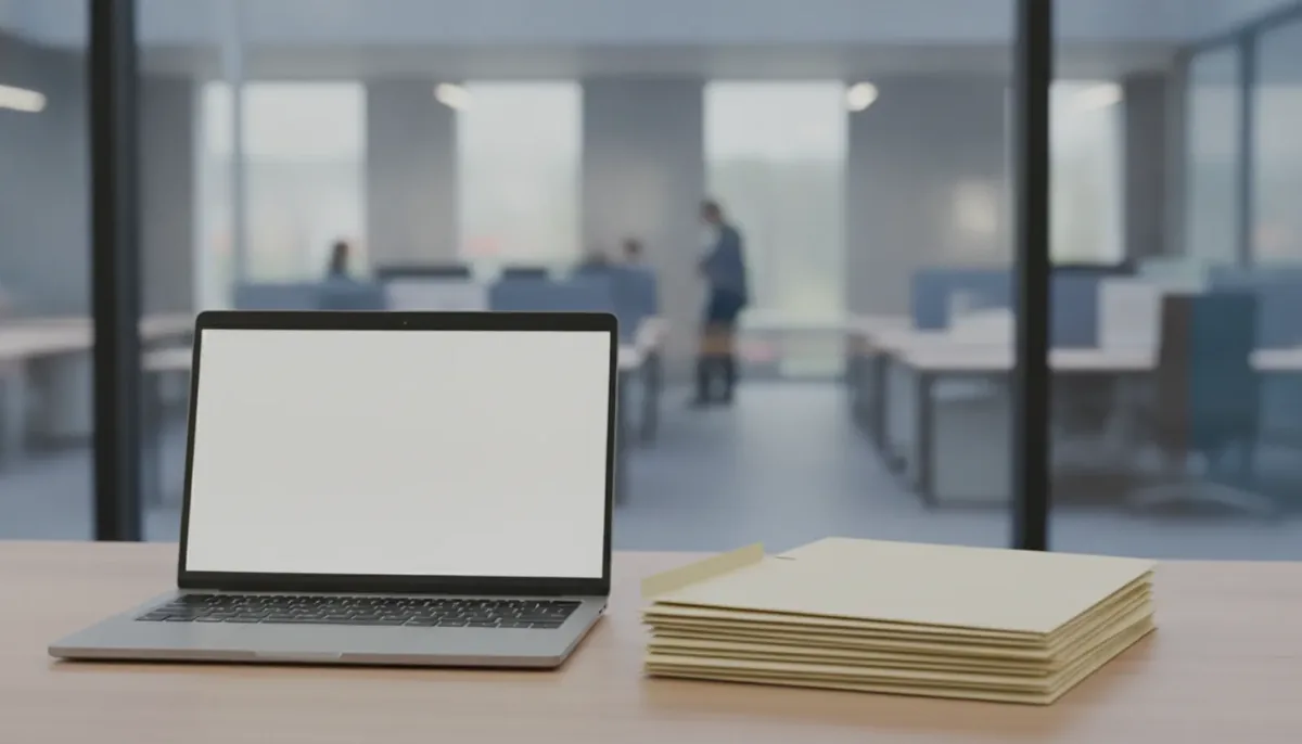 Laptop i teczki z dokumentami na biurku w biurze