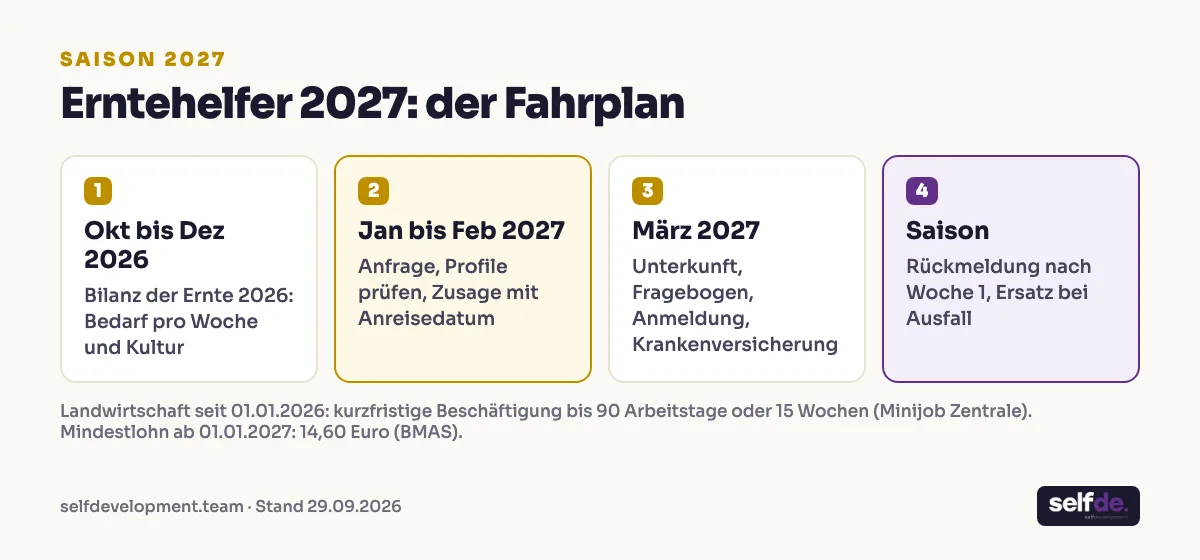 Grafik: Fahrplan Erntehelfer 2027 in vier Phasen von Oktober 2026 bis zur Saison
