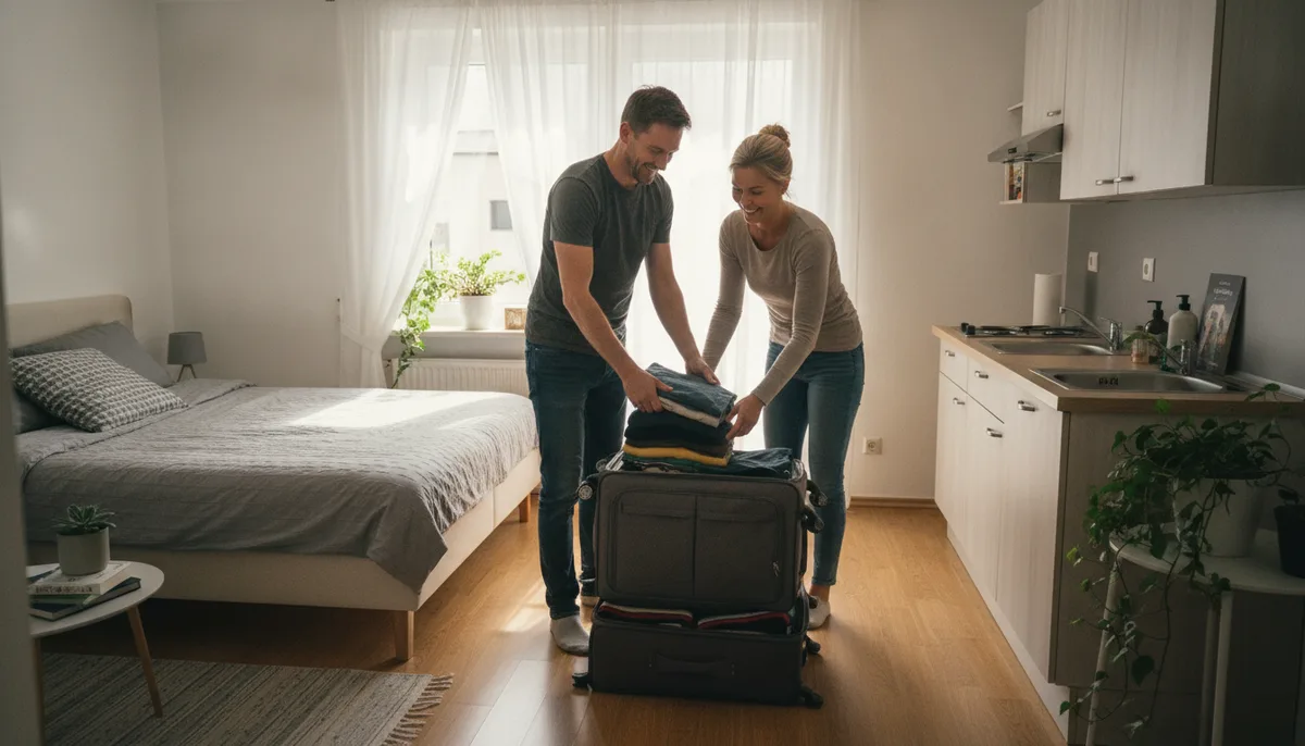 Para rozmawia przy stole w umeblowanym mieszkaniu pracowniczym