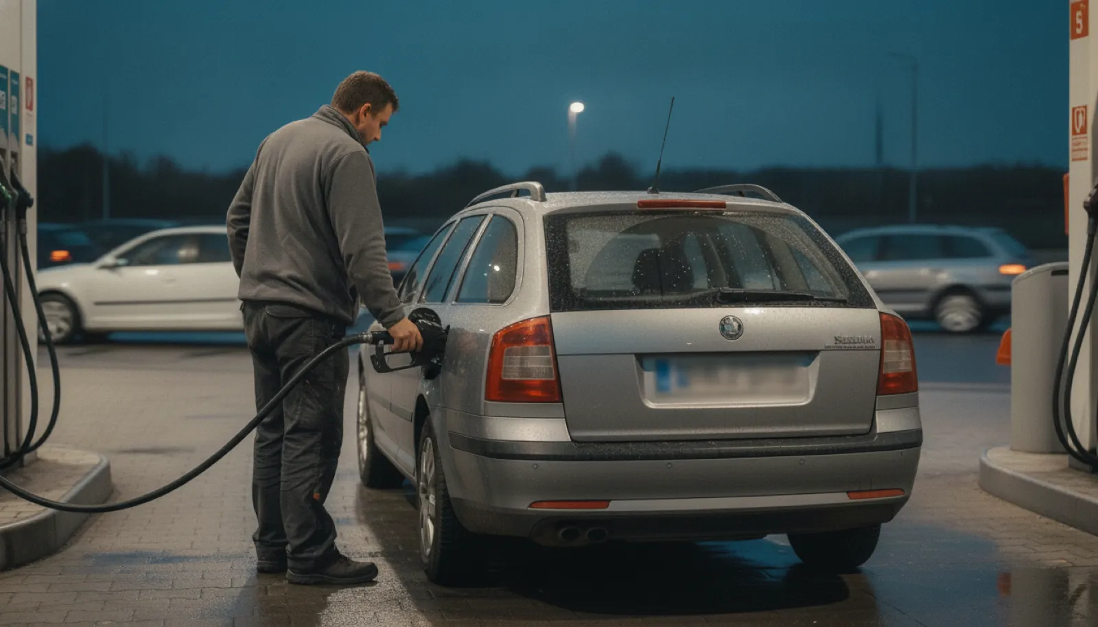 Kierowca tankuje kombi na stacji w Niemczech wieczorem