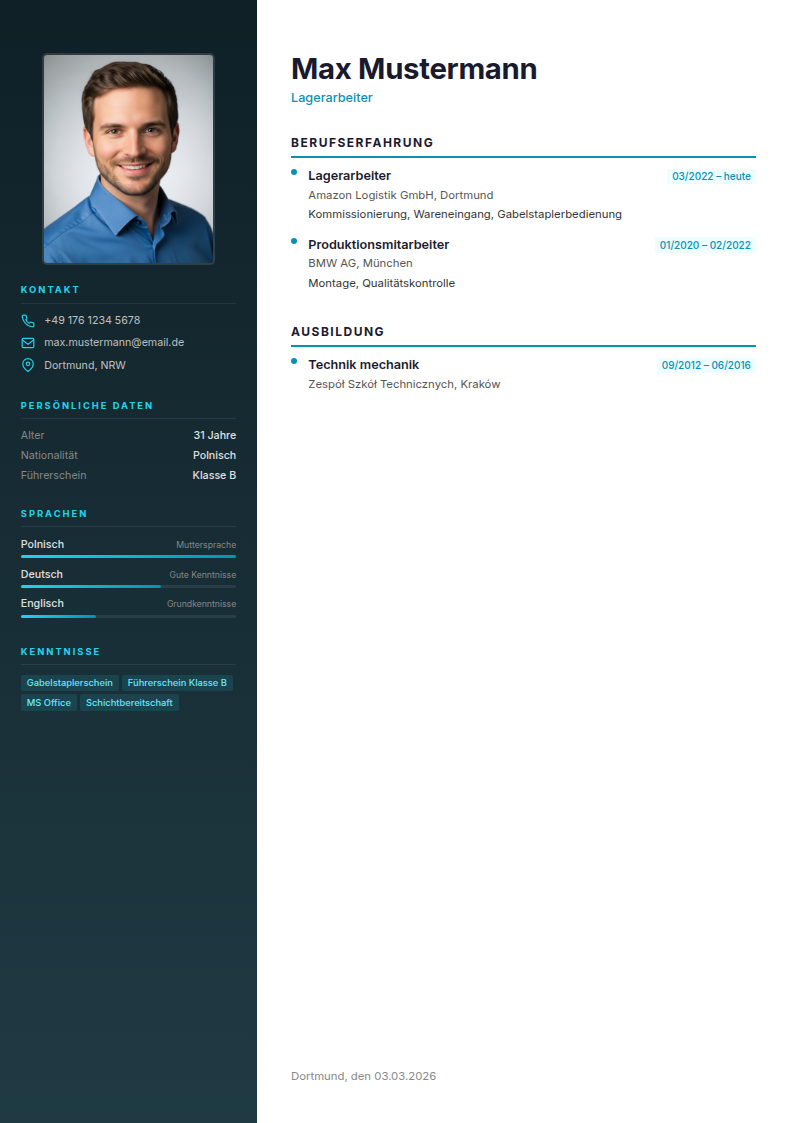 Przykład CV po niemiecku - szablon Ozean w kolorach turkusowych, profesjonalny design