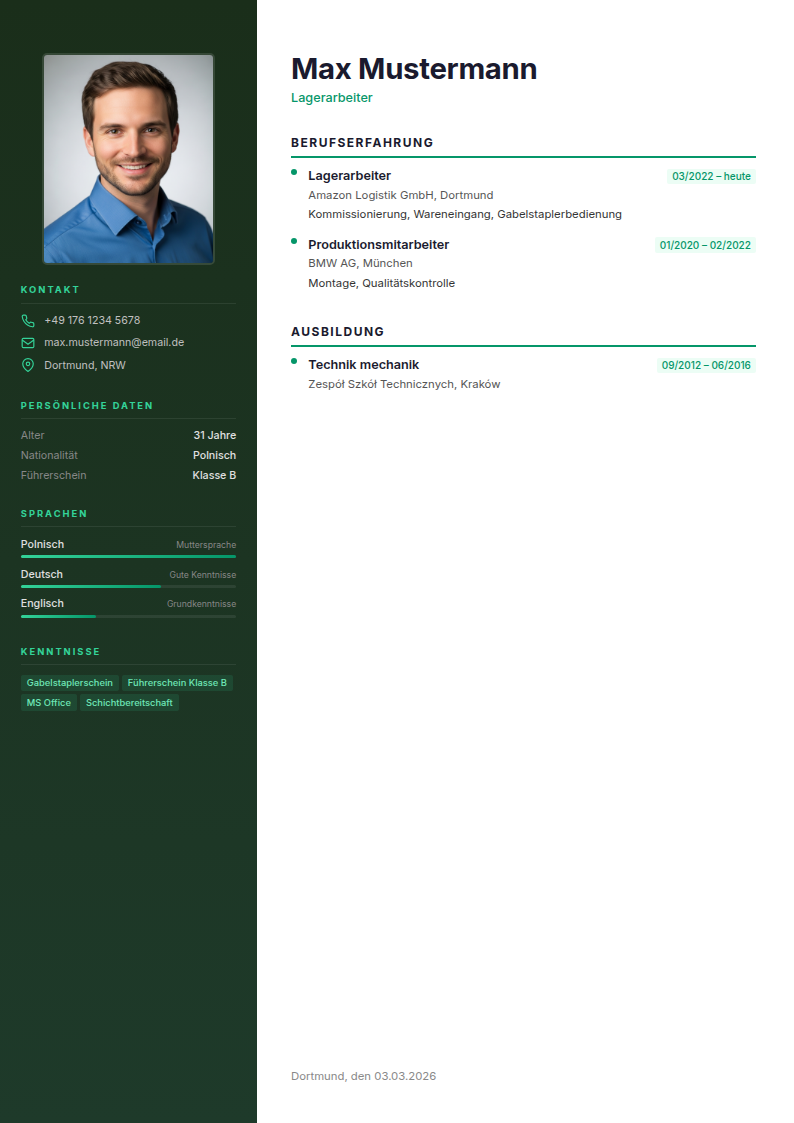 Generator Lebenslauf - szablon Wald w odcieniach zieleni, gotowy do wydruku PDF